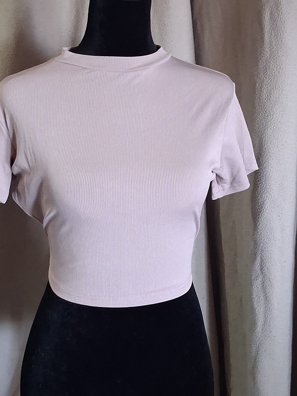 Ribbed Pale Pink Crop Top with High Crew Neck